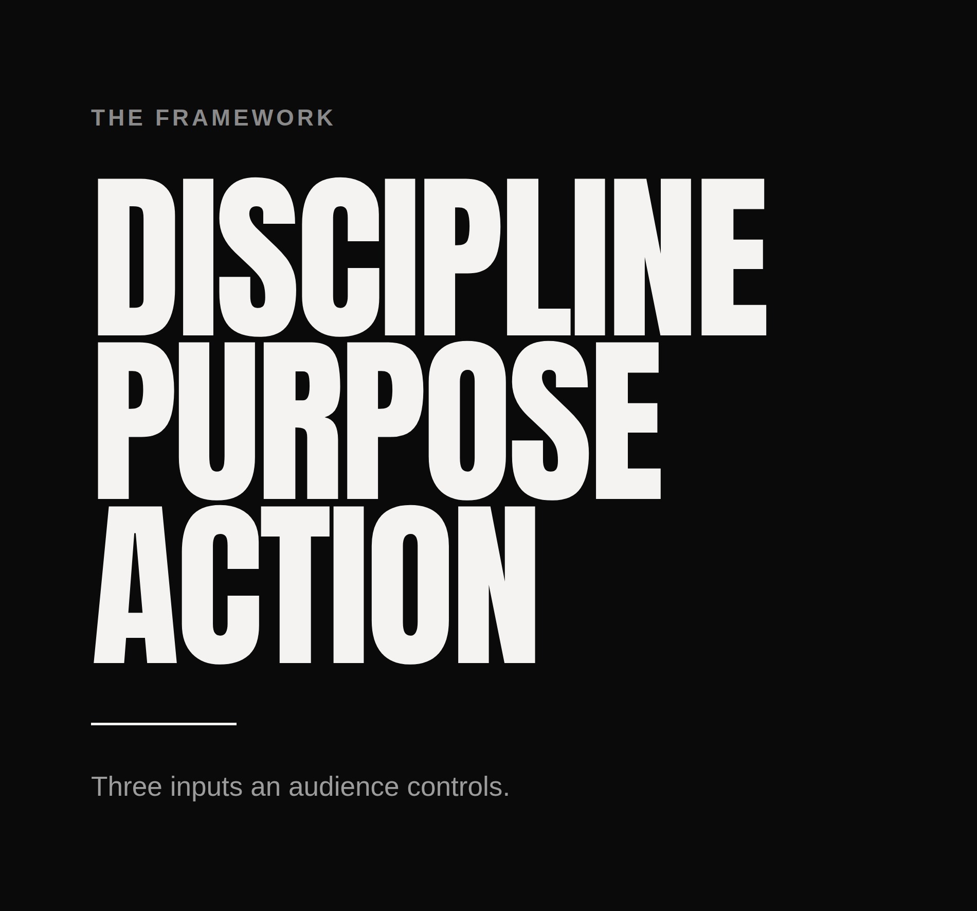 Typographic plate listing Mike Fortin’s framework: Discipline, Purpose, Action